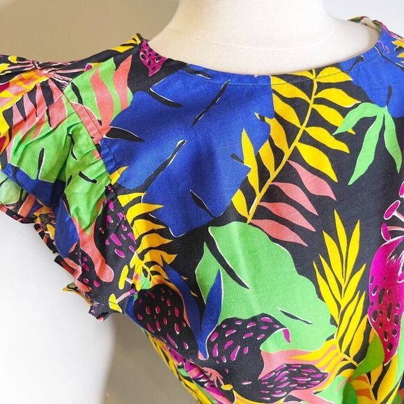 Vintage 80s XS Crop Top Tie Front Blouse Tropical Hibiscus Monstera Colorful - Picture 6 of 16